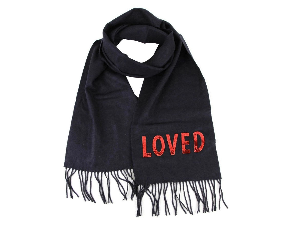 Gucci Women's Dark Blue Silk / Cashmere Long Scarf With Red Sequin "LOVED"