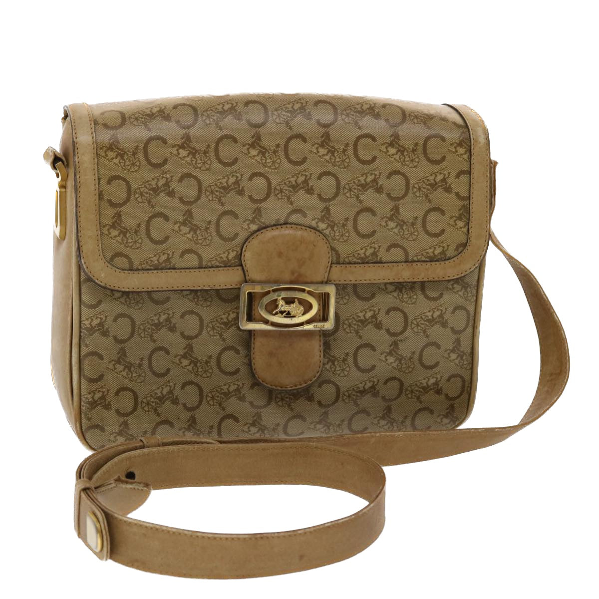 Luxury CELINE C Macadam Canvas Shoulder Bag Beige  48459