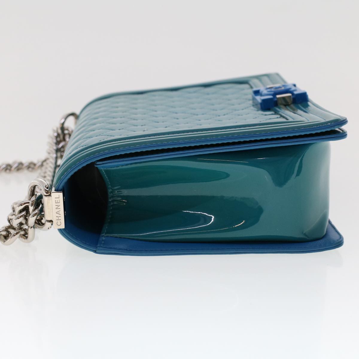 CHANEL Boy  Shoulder Bag Patent Leather Turquoise Blue CC Auth 48624A