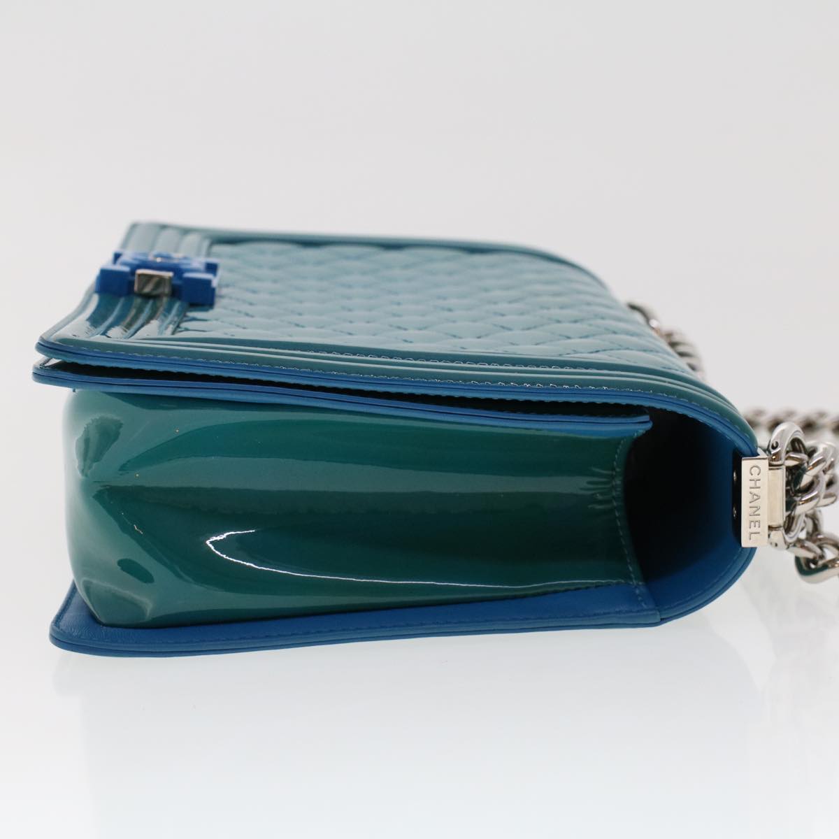 CHANEL Boy  Shoulder Bag Patent Leather Turquoise Blue CC Auth 48624A