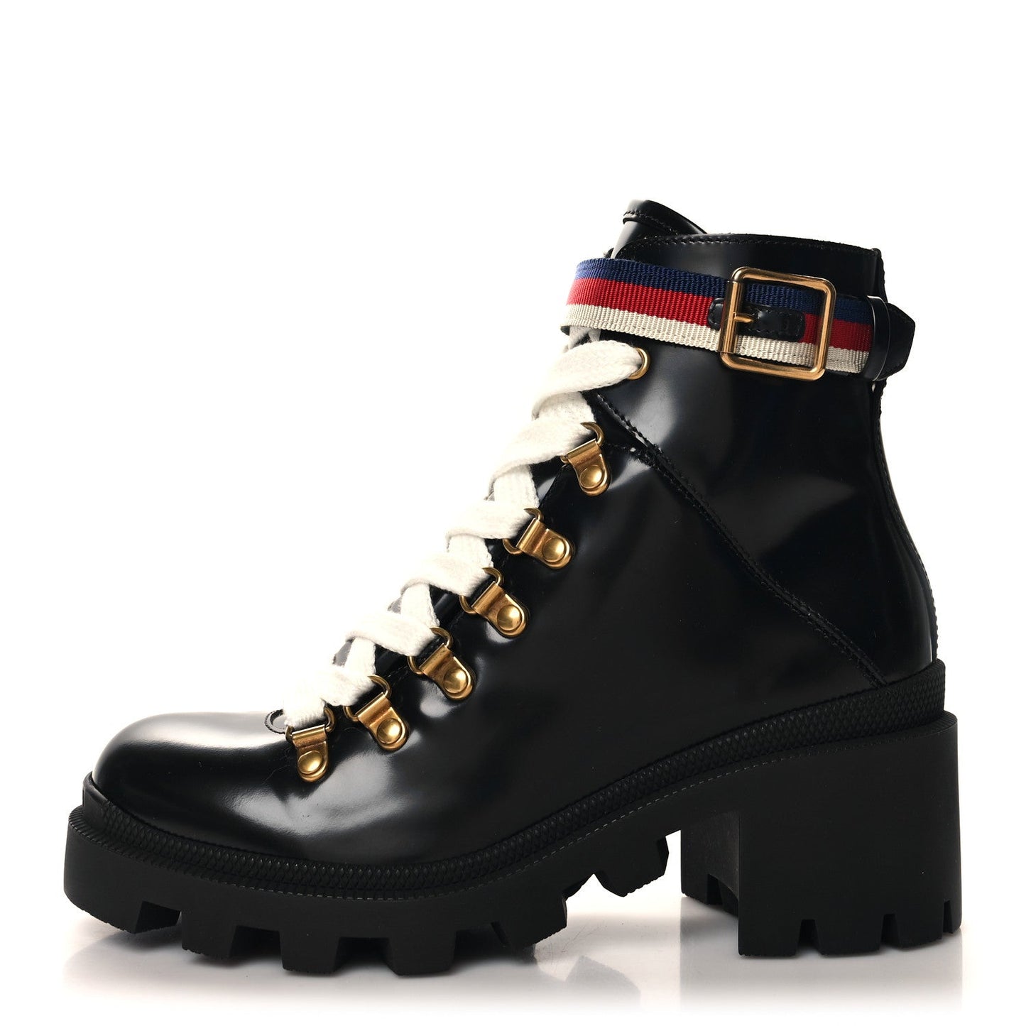 Gucci Calfskin Sylvie Web Lace Up Combat Boots 35 Black