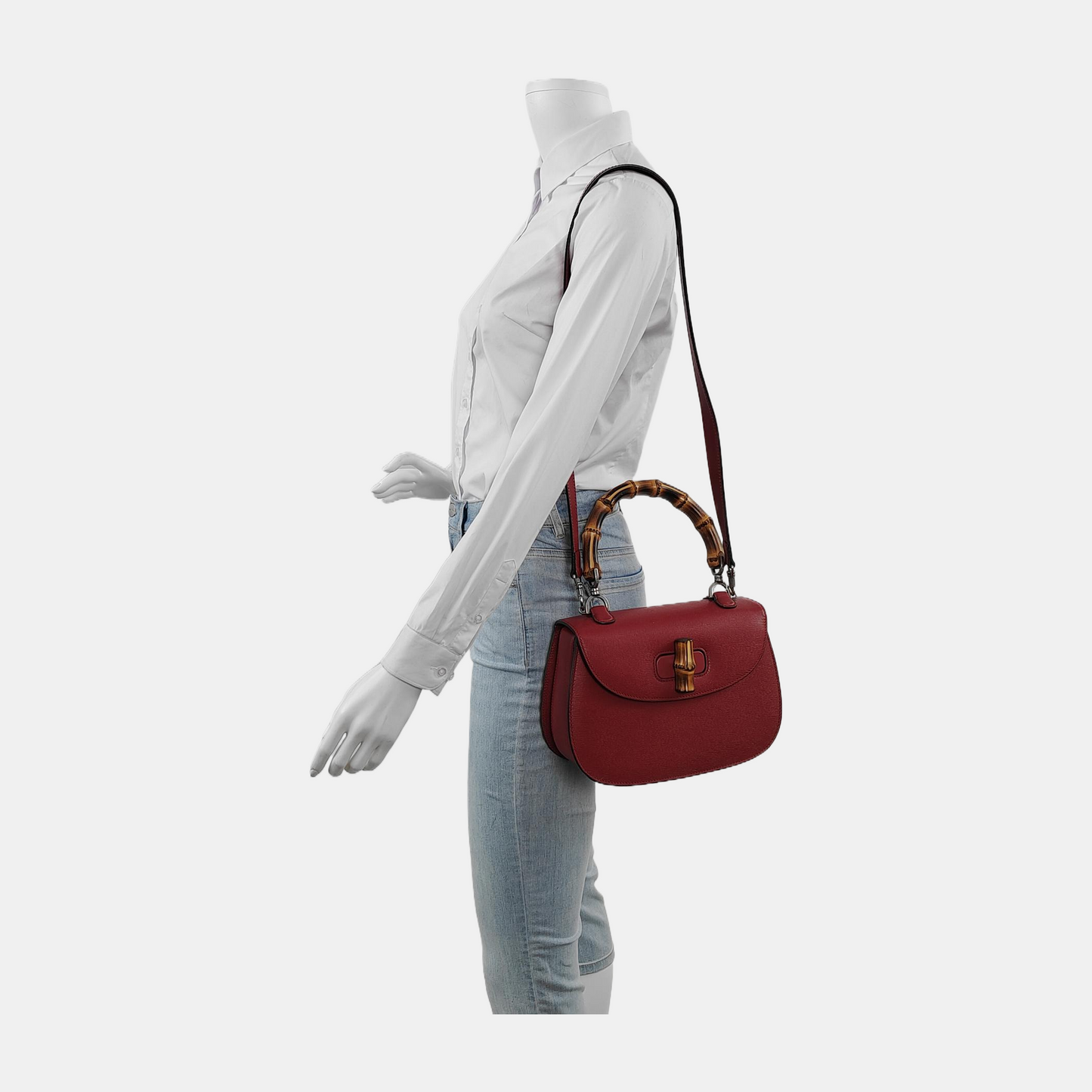 Gucci Bamboo 1947 Top Handle Bag Leather Medium Red Burgundy with Strap