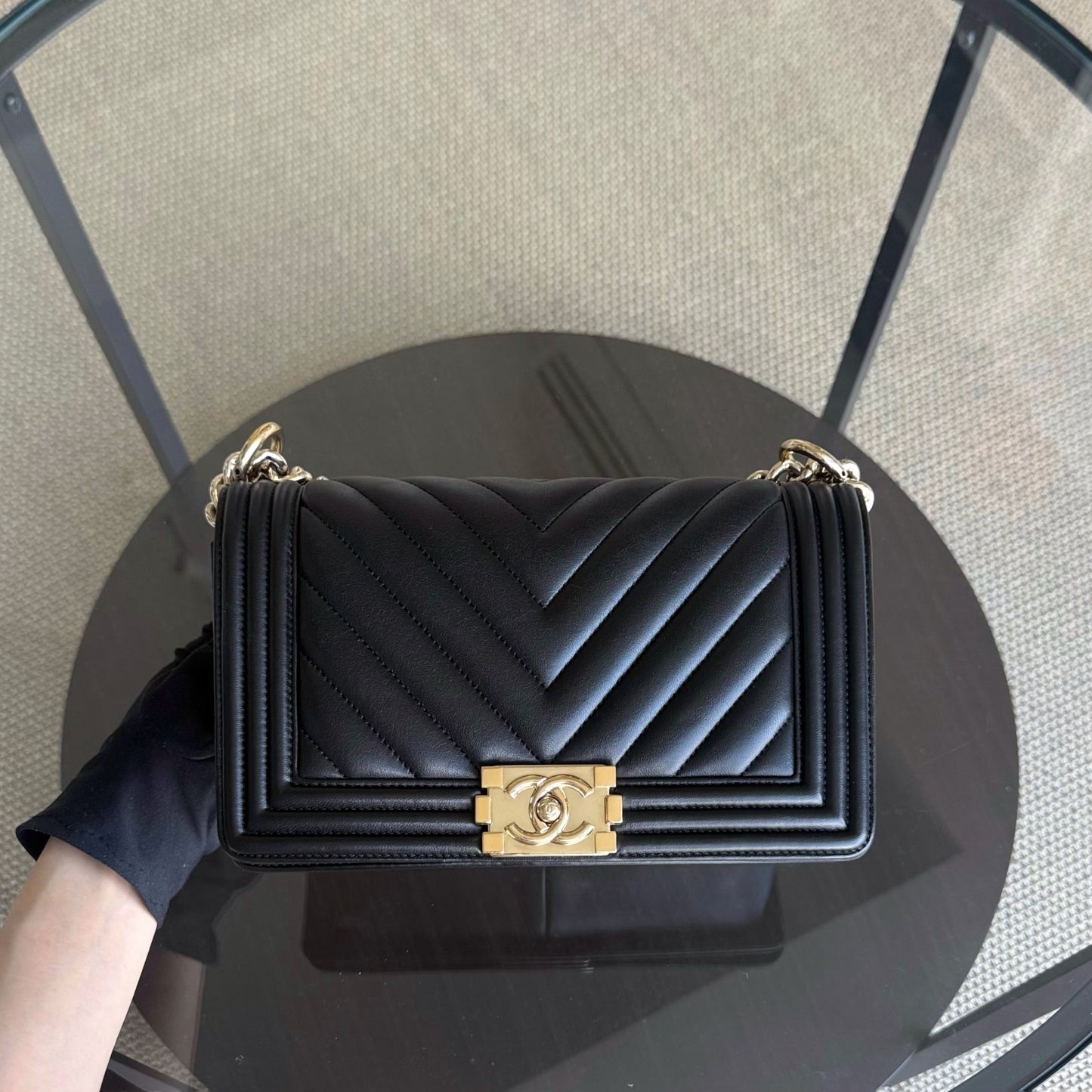 Chanel Boy Medium - 25CM Chevron Calfskin Black Aged Gold Hardware