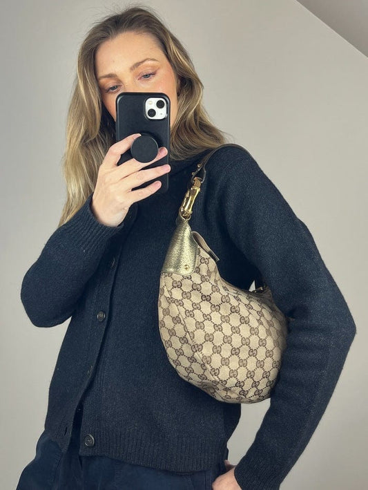 Gucci Bamboo Leather Canvas Shoulder Bag Style 4