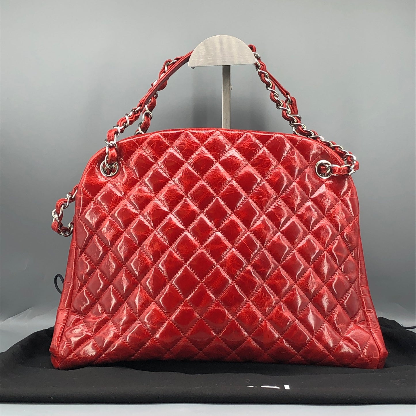 Chanel Just Mademoiselle Quilted Patent Leather Bowling Shoulder Bag Cherry Red