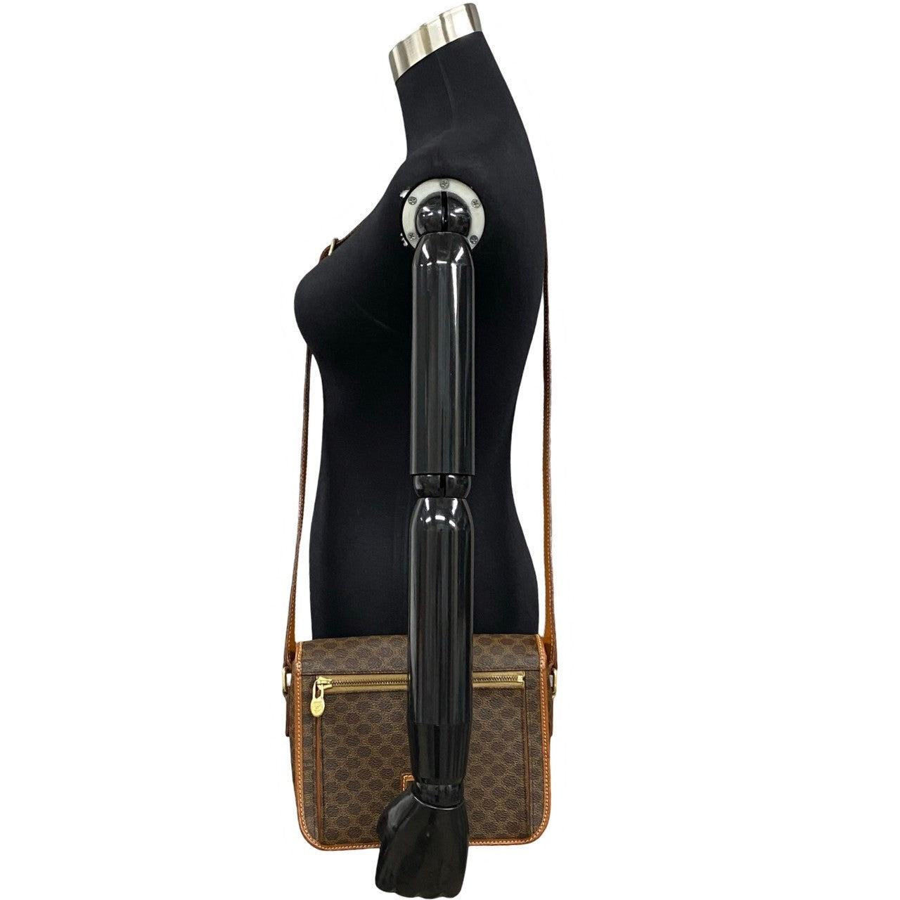 CELINE Shoulder Bag Leather, PVC Brown Macadam Blason Triomphe Pattern logo ring Metal Women