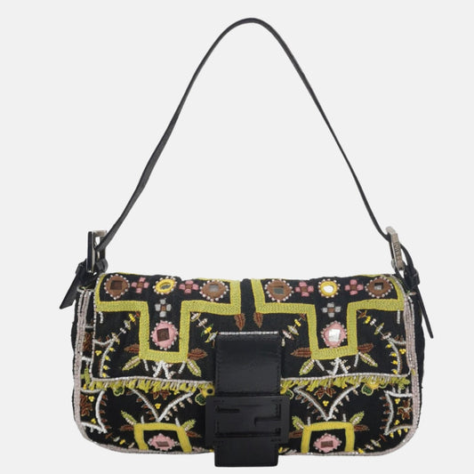 Fendi Baguette Vintage Brown Canvas with embroidery sequins mirrors and tassels