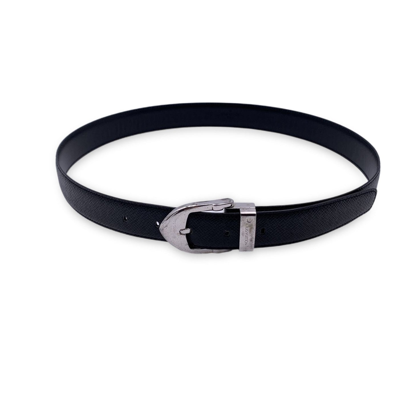 LOUIS VUITTON Black Taiga Classic Belt Silver Metal Buckle Size 85/34