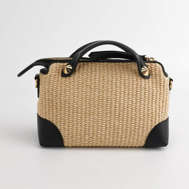 Fendi By The Way Mini Raffia Straw Black Leather Crossbody Bag