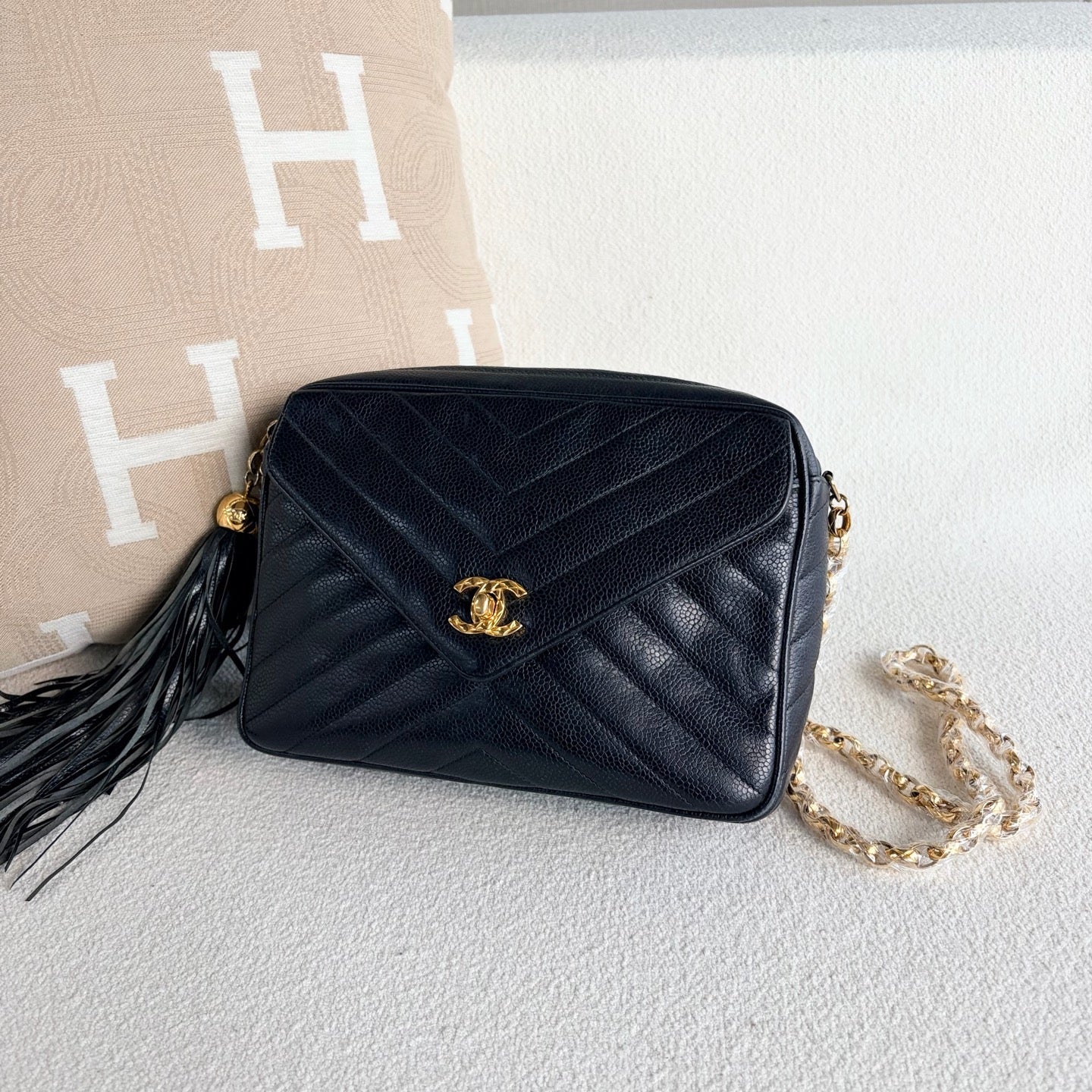 Chanel Caviar Chevron Quilted Tassel Camera Case