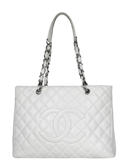 Chanel White Caviar Leather Quilted Grand Shopper Tote GST Bag