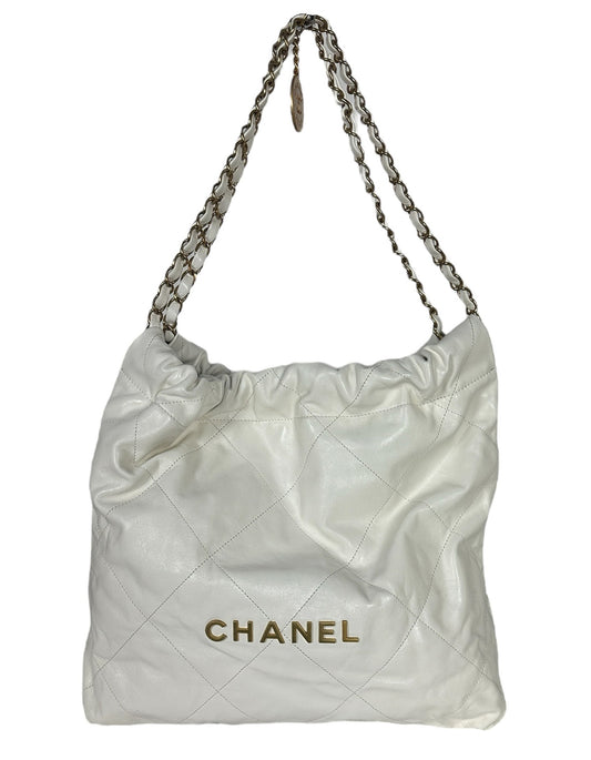 Chanel White Leather Quilted Chanel 22 Tote