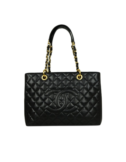 Chanel 2014 Discontinued Black Caviar Leather Quilted Grand Shopper Tote Bag