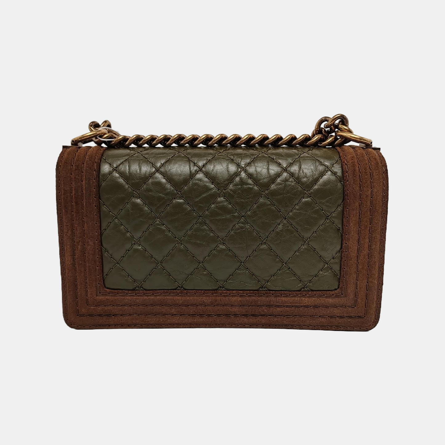 Chanel Le Boy Medium Dark Green Calfskin Brown Suede Leather Bag Gold Hardware