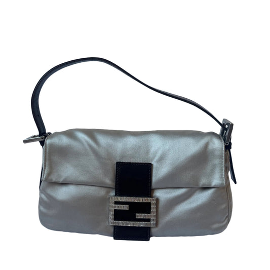 FENDI Baguette Beige Grey Silk Satin with Crystal Buckle Shoulder Bag