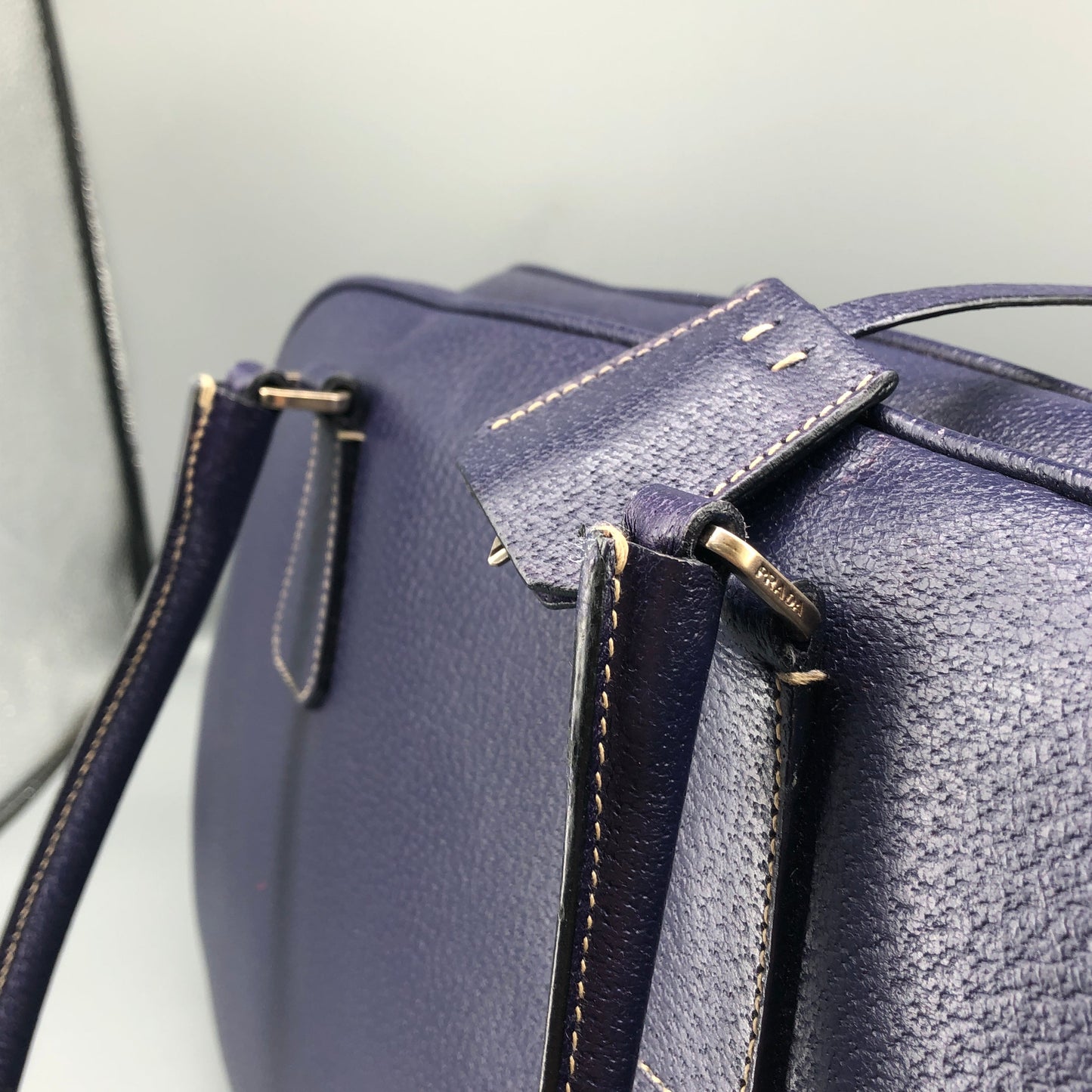 Prada Bauletto Medium Pebbled Leather Handbag Ink Blue