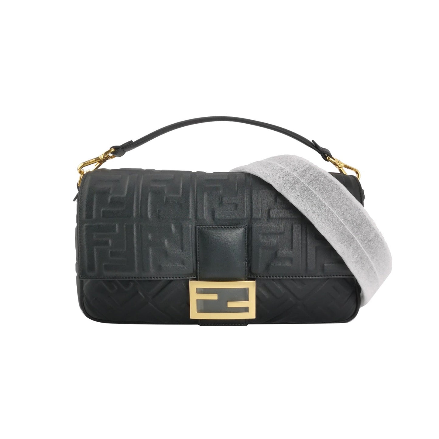 Fendi Baguette Black Leather 3D FF Motif Crossbody Bag Large