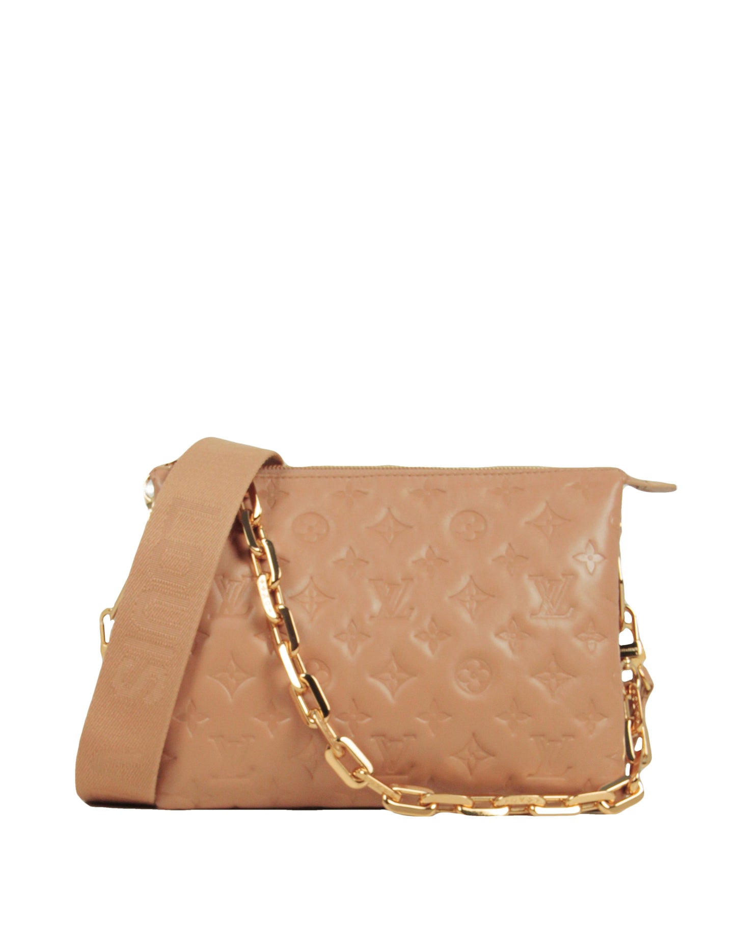 Louis Vuitton Camel Lambskin Leather Embossed Monogram Coussin PM Bag