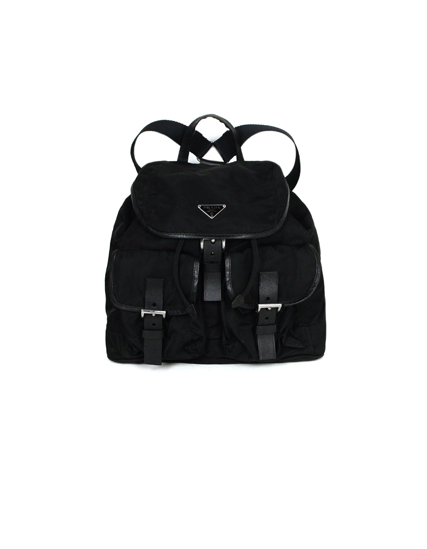 Prada Black Nylon & Leather Trim Double Pocket Backpack Bag