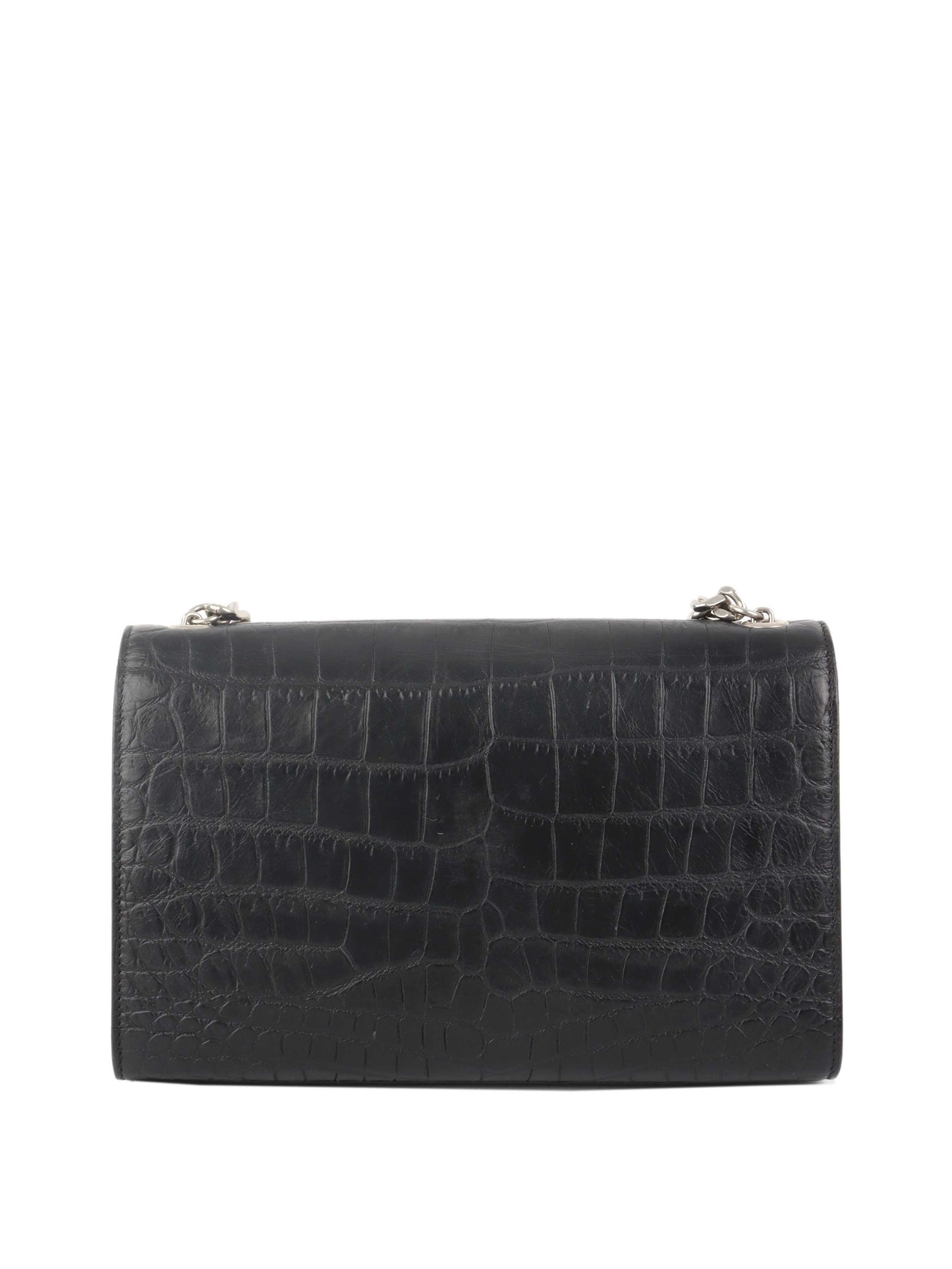 Saint Laurent Black Crocodile Embossed Chain Top Handle Kate Bag.