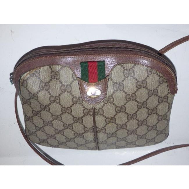 Gucci Vintage Brown Large G Logo Print Coated Canvas And Brown Leather
