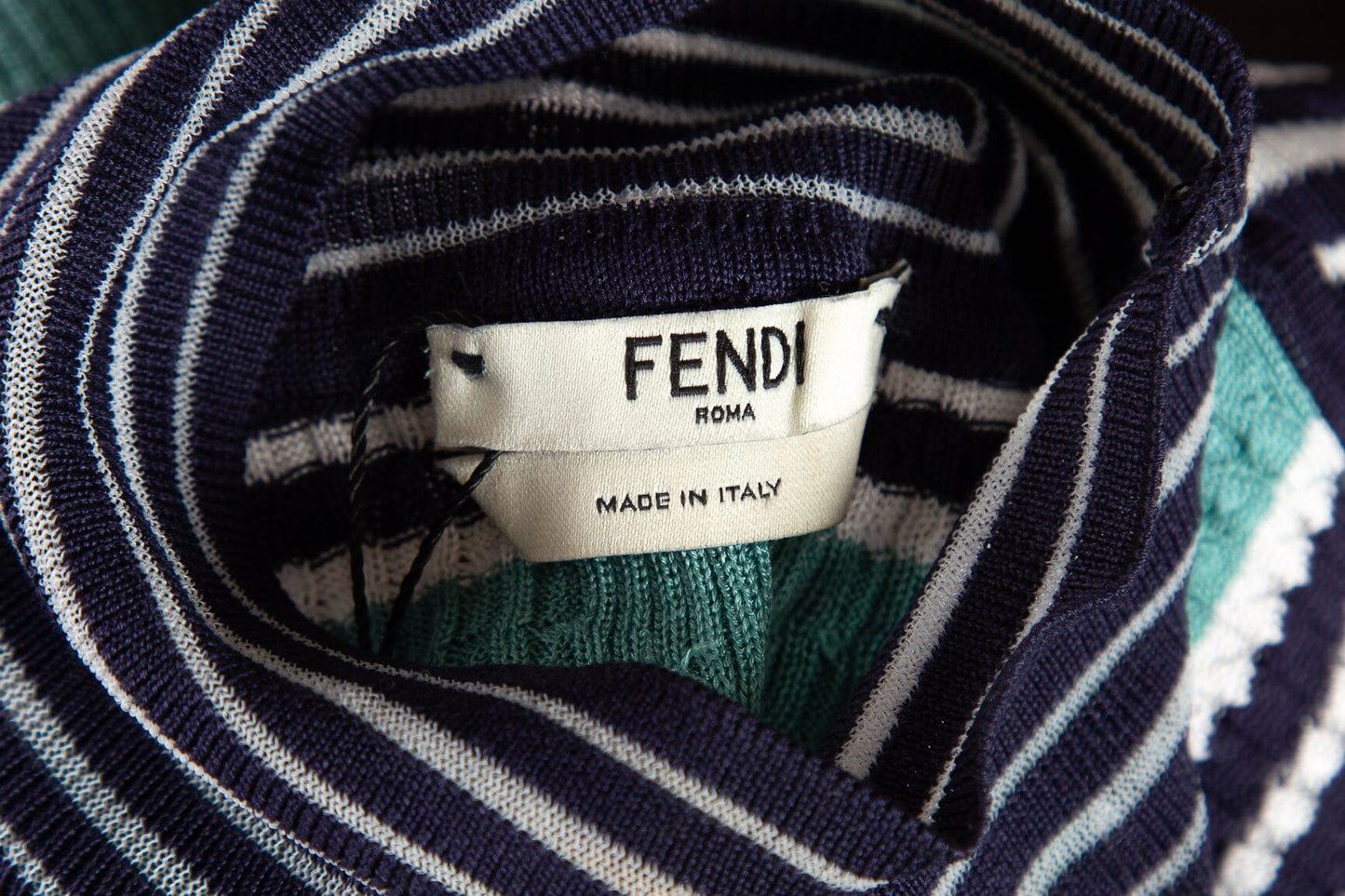 Fendi Teal and Blue Striped Mock Neck Cold Shoulder Top SZ 38