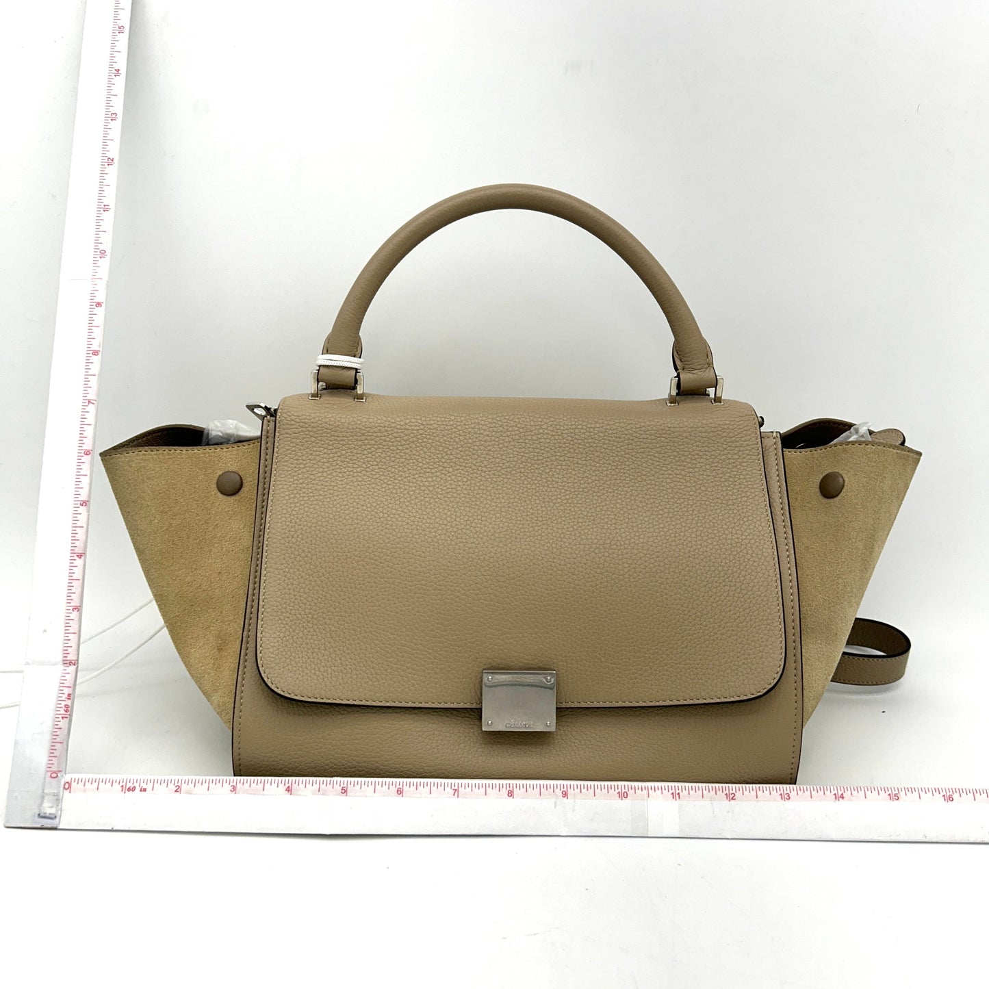 Luxury CELINE Drummed Calfskin Suede Small Trapeze Dune LA14880