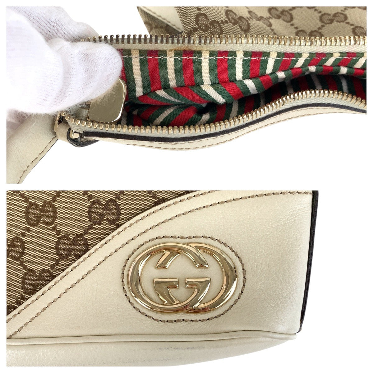 GUCCI Shoulder Bag 182489 GG canvas, leather White Brown Gold Metal Interlocking Women Used