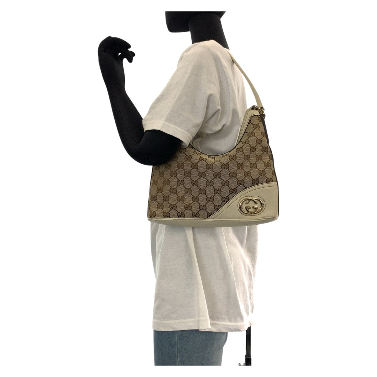 GUCCI Shoulder Bag 182489 GG canvas, leather White Brown Gold Metal Interlocking Women Used