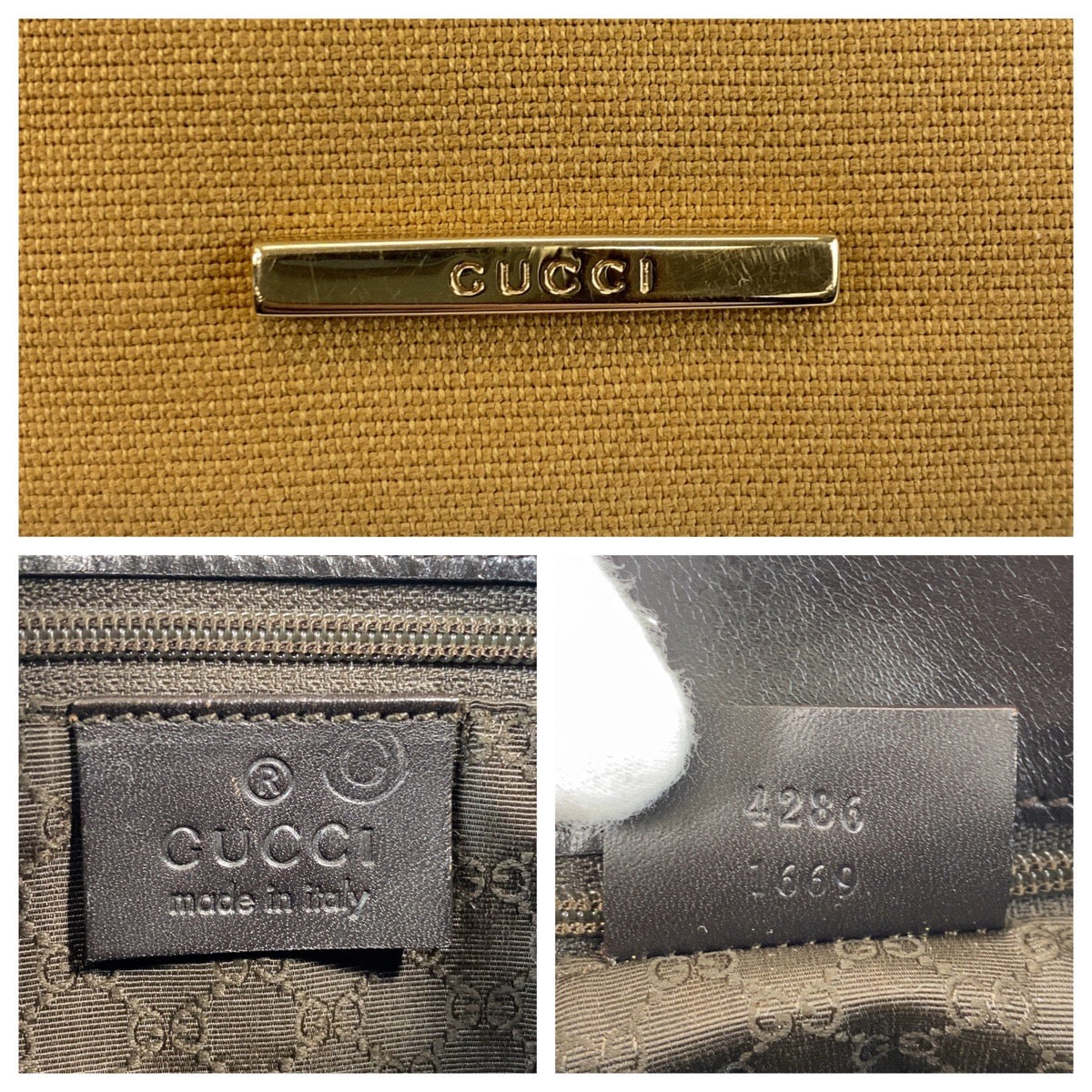 GUCCI Shoulder Bag 4286 canvas Camel Black Gold Metal Sherry line