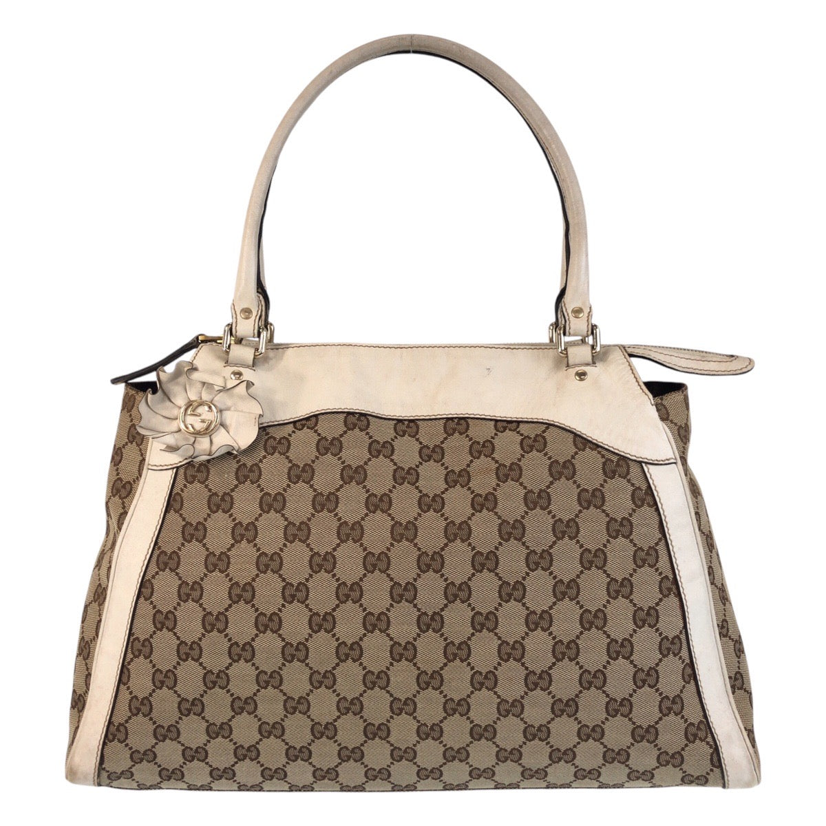 GUCCI Tote Bag 189828 GG canvas Beige Ivory Gold Metal Trophy