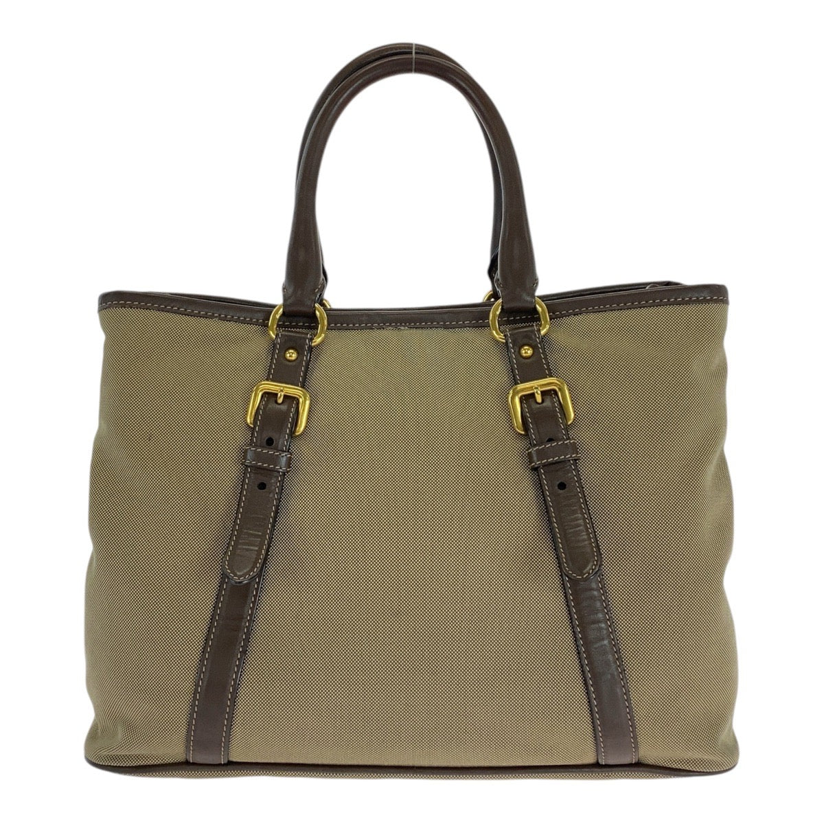 PRADA Tote Bag Canvas, Leather Khaki Brown Gold Metal Tote Bag Shoulder Bag Logo jacquard Triangle With logo Women