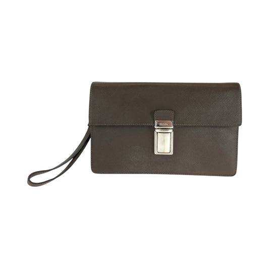 PRADA Clutch bag leather Brown Silver Metal Clutch bag business bag Safiano Triangle With logo mens