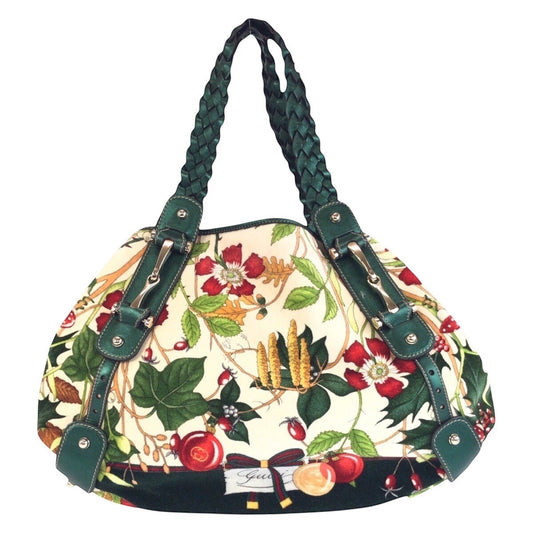 GUCCI Tote Bag 137621 Velour, Leather Green Multicolor SilverMetal Tote Bag Shoulder Bag Horsebit Floral print Women
