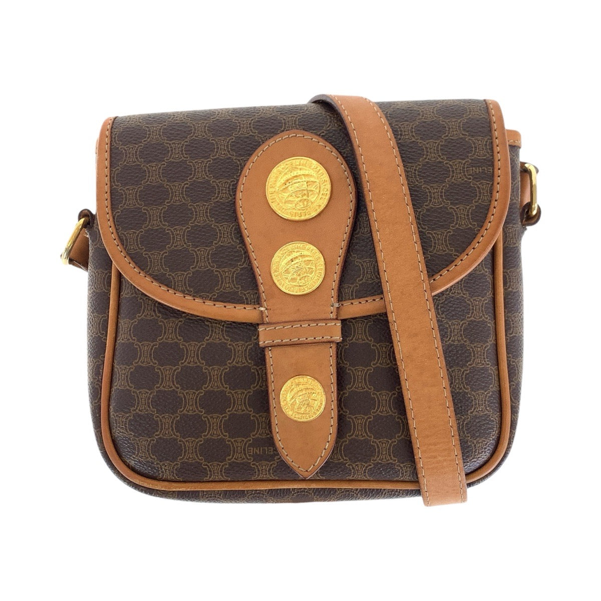 CELINE Shoulder Bag PVC, Leather Brown Gold Metal Shoulder Bag pochette Macadam Medal Women