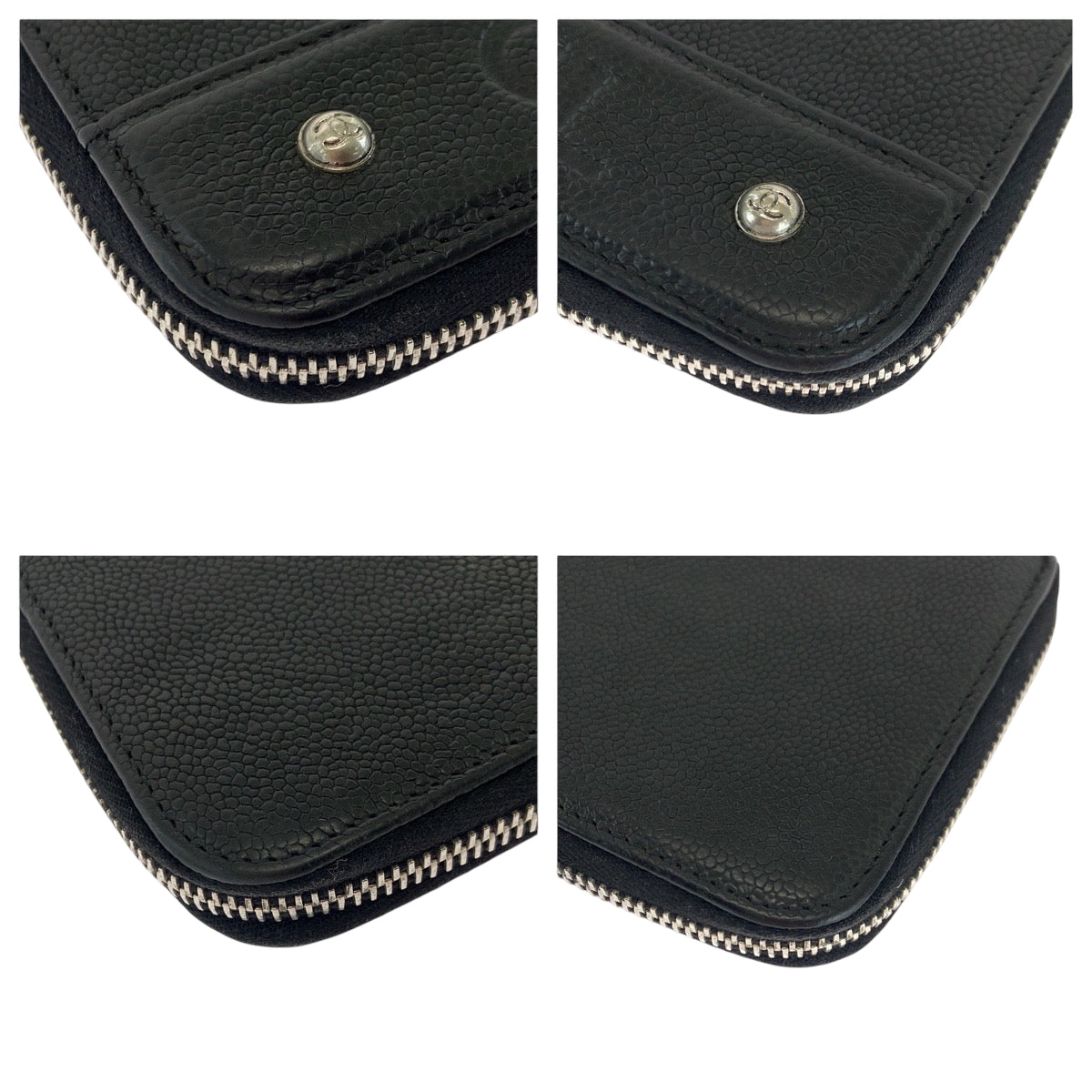 CHANEL Long Wallet Purse Caviar skin Black SilverMetal Long Wallet Purse Zip Around COCO Mark Women