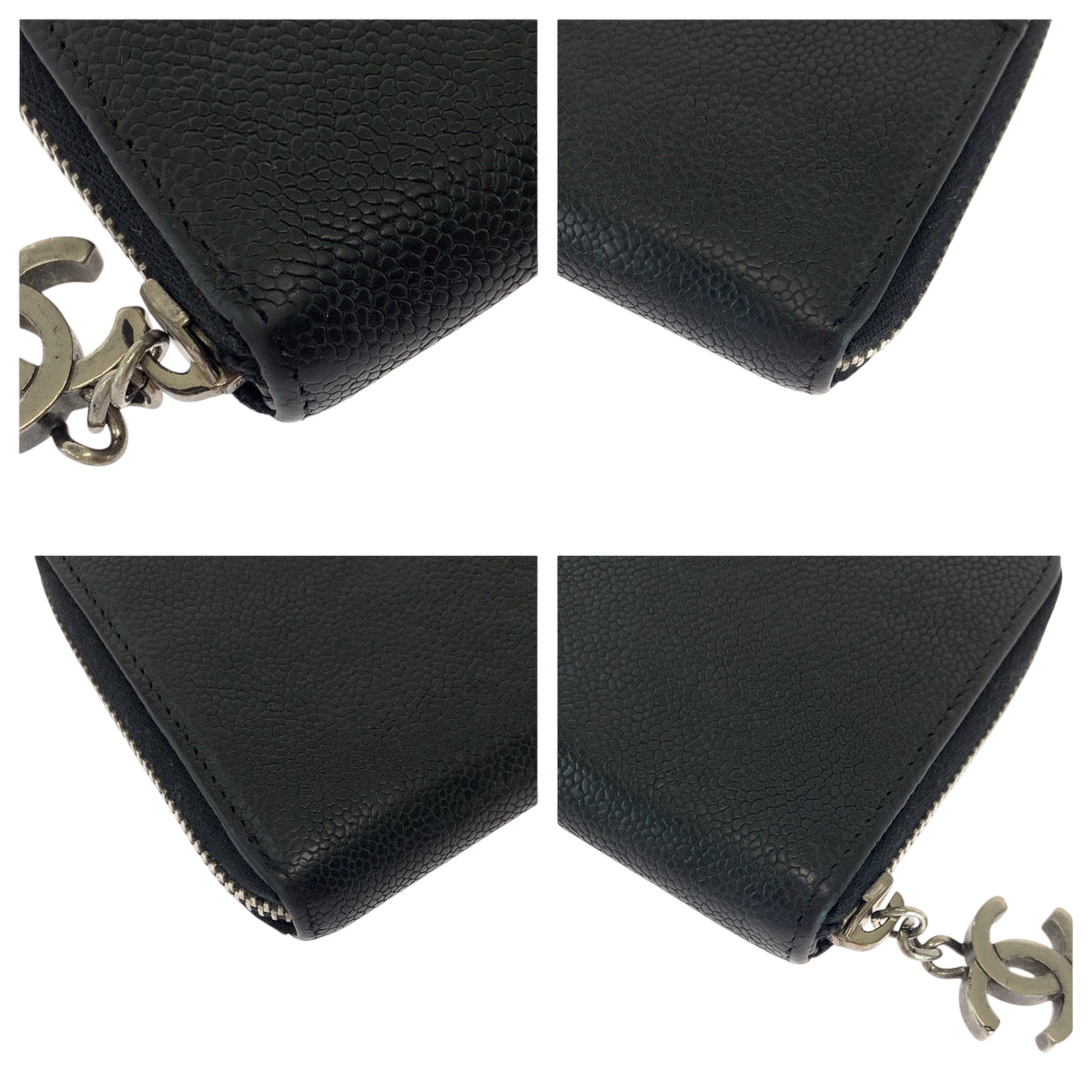 CHANEL Long Wallet Purse Caviar skin Black SilverMetal Long Wallet Purse Zip Around COCO Mark Women