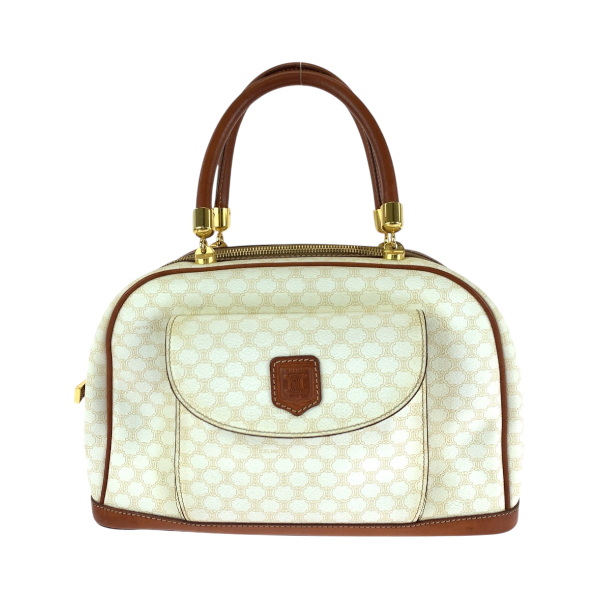 CELINE Handbag PVC White Brown Gold Metal Handbags Mini Boston Duffel bag Macadam Women