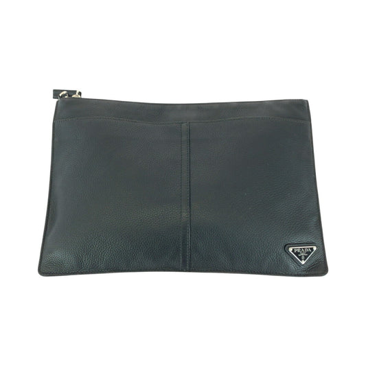 Prada Vitello City Triangle Logo Plate Leather Clutch Bag 502211
