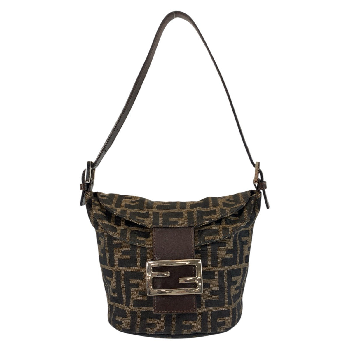 FENDI Shoulder Bag Canvas, Leather Brown Silver Metal Zucca Mamma Bucket Women