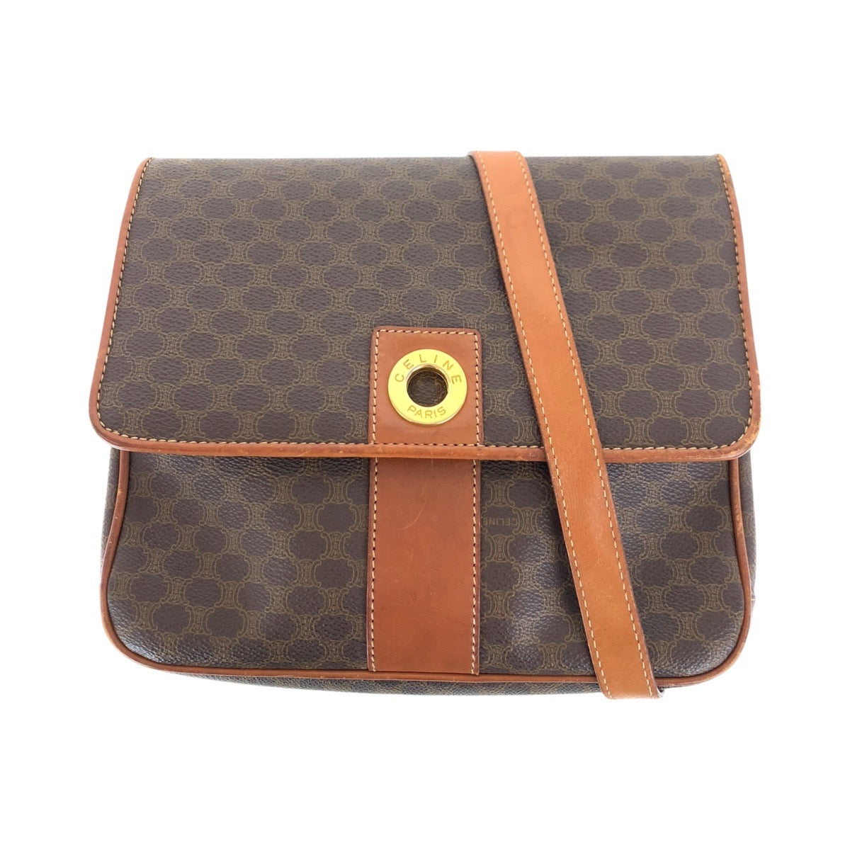 CELINE Shoulder Bag PVC, Leather Brown Gold Metal Shoulder Bag pochette Macadam Circle Logo Women