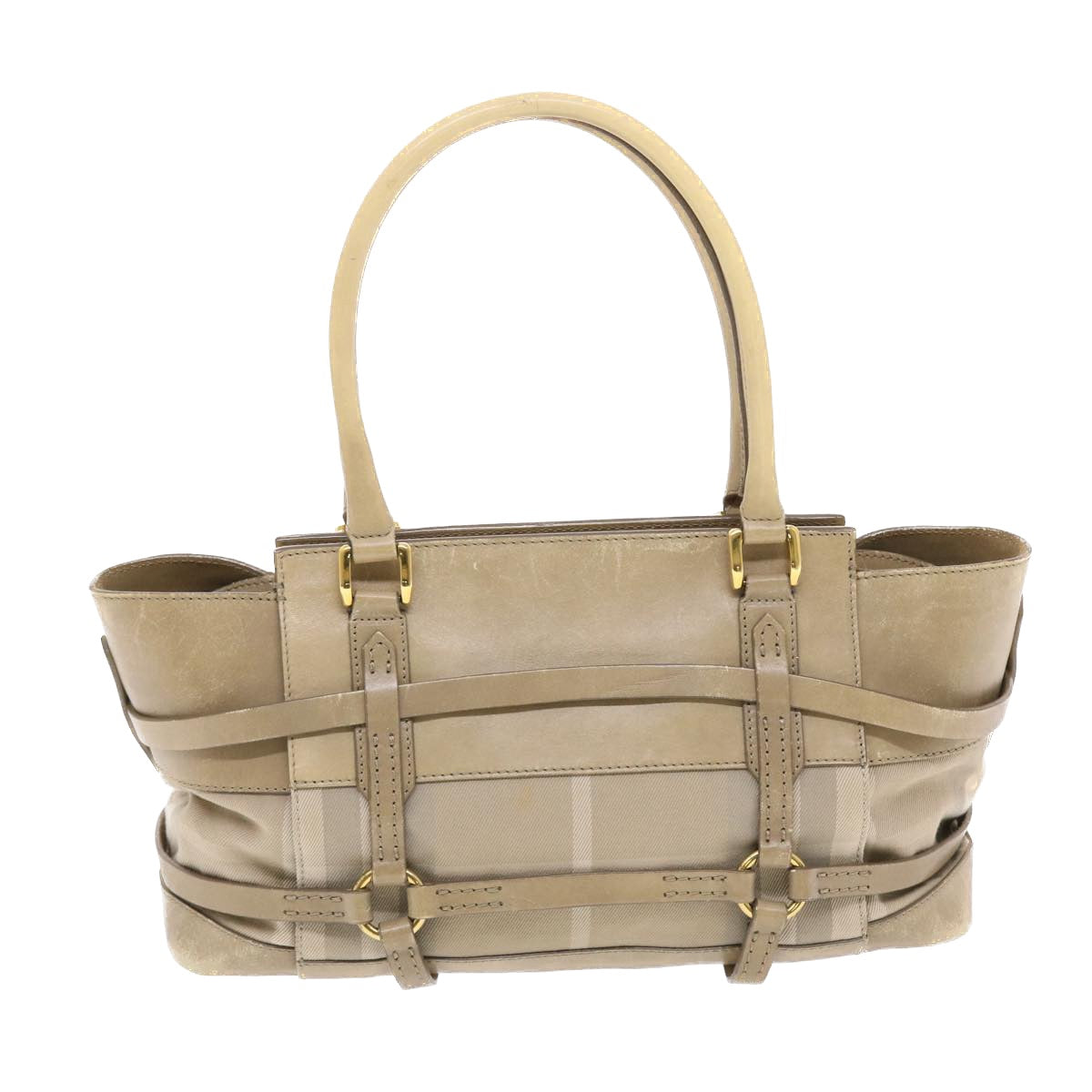Luxury Burberry Nova Check Hand Bag Nylon Leather Beige Auth 50273
