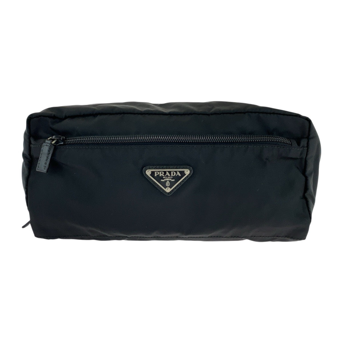 PRADA Clutch bag Nylon, Leather Black SilverMetal Clutch bag business bag pouch Testo Saffiano leather Triangle With logo mens