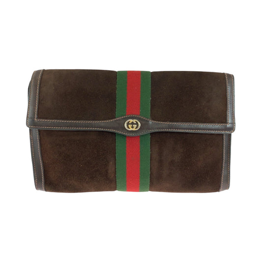 GUCCI Clutch bag Suede, Leather Brown Red Green GoldMetal Clutch bag business bag GUCCI PARFUMS Old Gucci Sherry Line Women