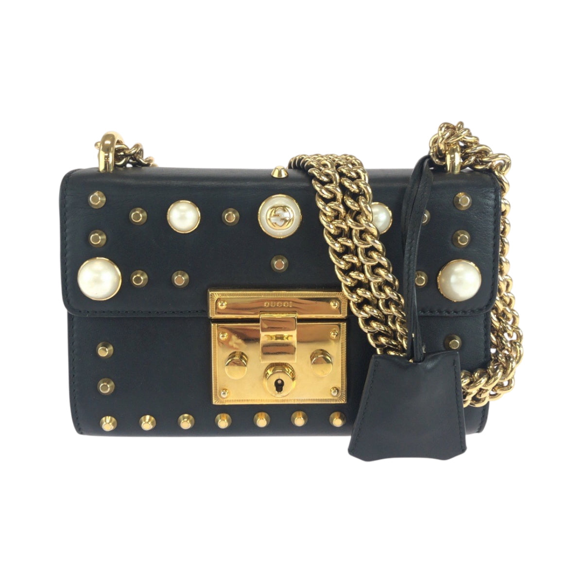 GUCCI Shoulder Bag 432182 leather Black Gold Metal ChainShoulder Bag Pochette Studs Pearl Women