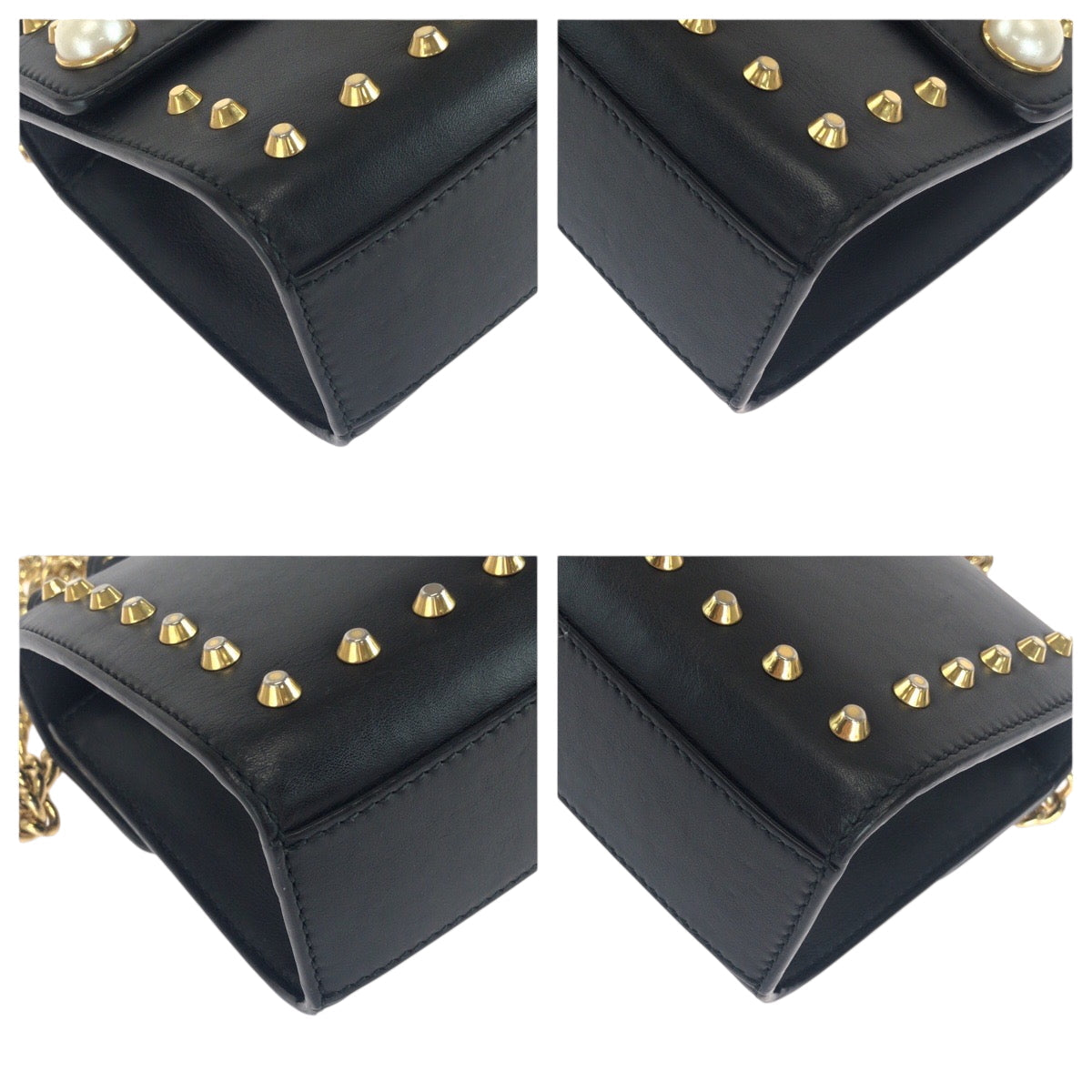 GUCCI Shoulder Bag 432182 leather Black Gold Metal ChainShoulder Bag Pochette Studs Pearl Women