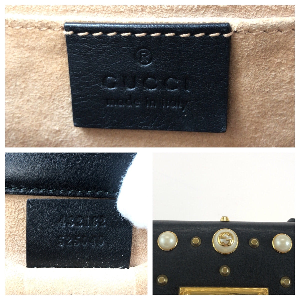 GUCCI Shoulder Bag 432182 leather Black Gold Metal ChainShoulder Bag Pochette Studs Pearl Women