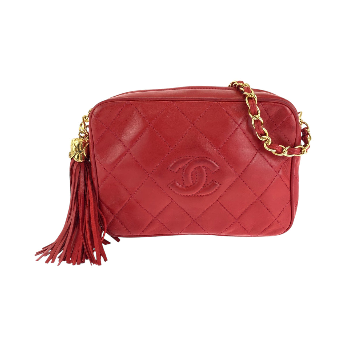 CHANEL Shoulder Bag lambskin Red Gold Metal Matrasse COCO Mark fringe tassel