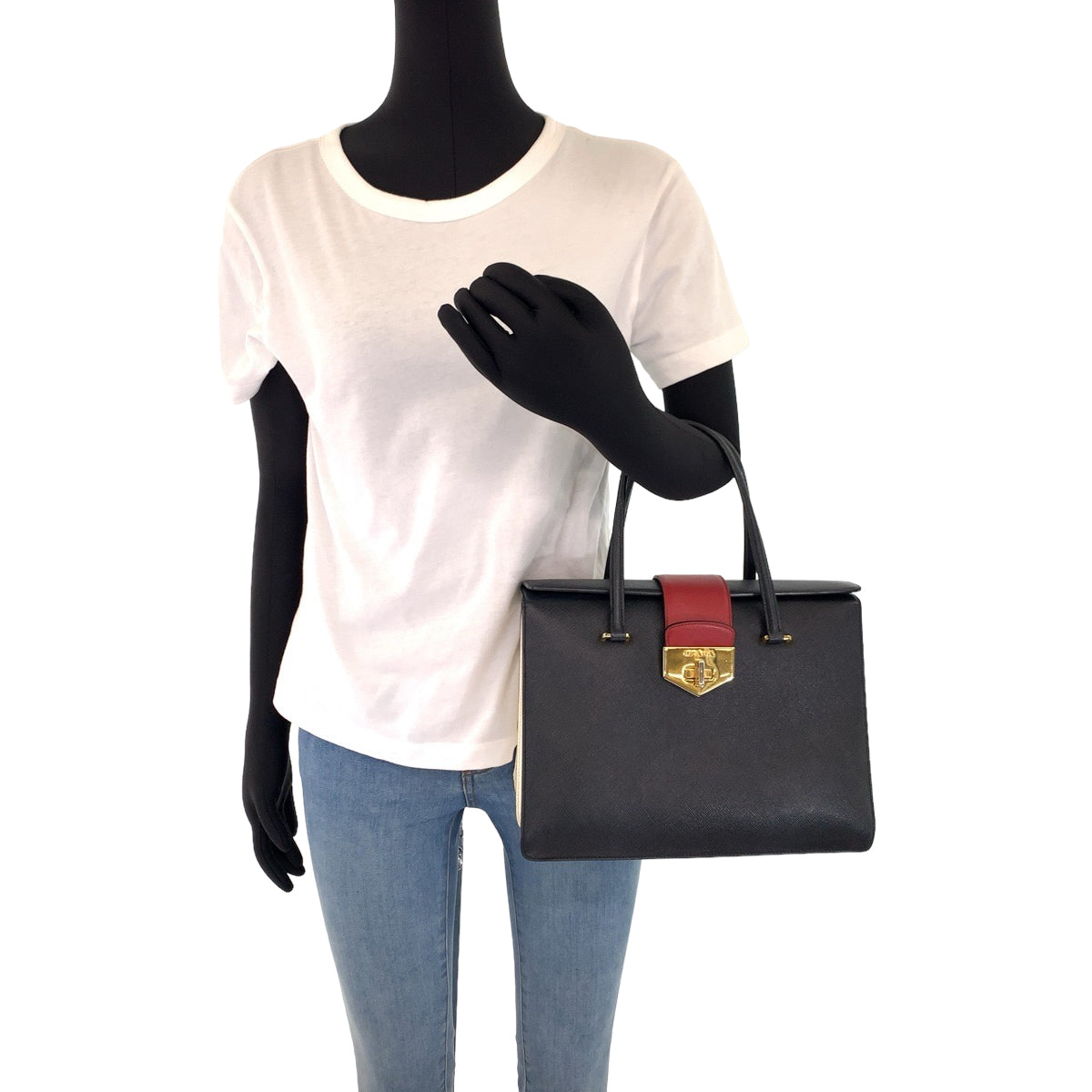 PRADA Handbag B2725C leather Black Red Gold Metal Handbag Tote Bag Safiano Women
