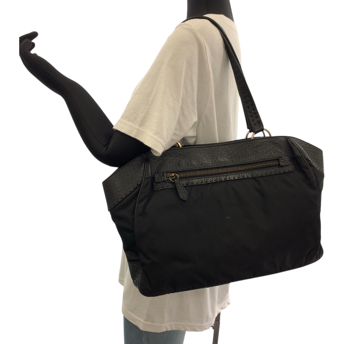 PRADA Handbag Leather, Nylon Black Gold Metal Handbag Shoulder Bag Vitello Dino Tessuto Triangle With logo Women